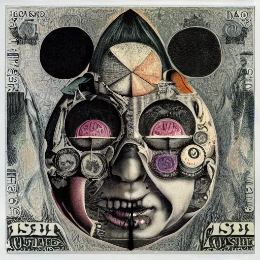 Prompt: post - punk new age album cover, asymmetrical design, dollars, bank notes, magic, apocalypse, psychedelic, black white pink, magic, giger h. r., giuseppe arcimboldo