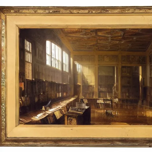 Image similar to painting of an empty dishelved studying room with yellow light from above, books scattered, highly detailed, intricate, dark colors, j. m. w turner, 8 k, intricate, dramatic lighting