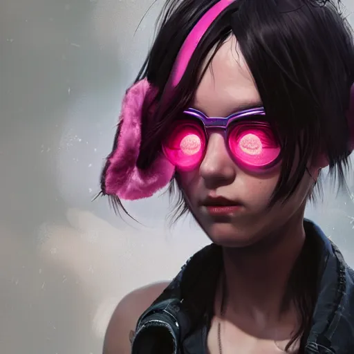 Prompt: a girl with pink and black hair wearing earmuffs and with bionic eyes, digital art, 8 k resolution, unreal engine, highly detailed, very detailed eyes, photorealistic by wlop, greg rutkowski