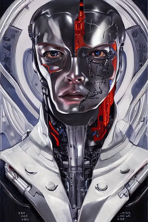 Image similar to futurist half human half robot soldier, art by leyendecker, head and shoulders portrait, blood, cyberpunk, cybernetic implants, very intricate, award winning, extreme details