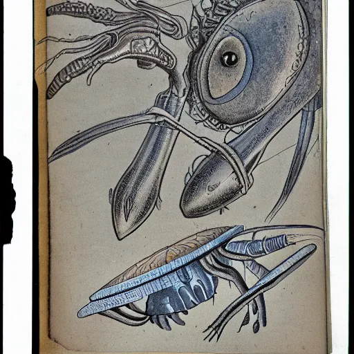 Prompt: an old journal page describing alien life forms with rich illustrations