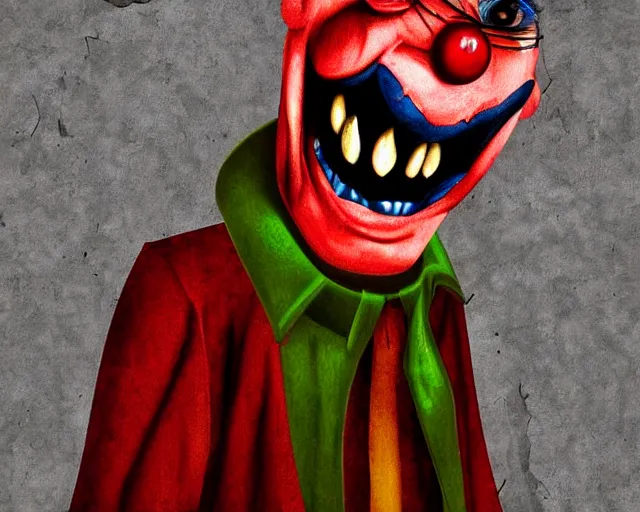 Prompt: evil vampire clown in a basement, digital art, dramatic