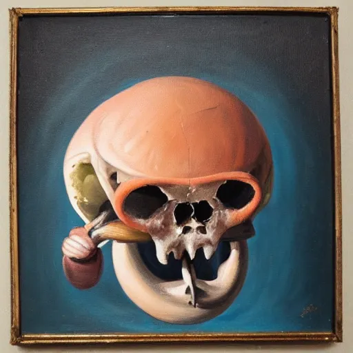 Prompt: “An oil painting of general pig skull wearing a frying pan on his head”