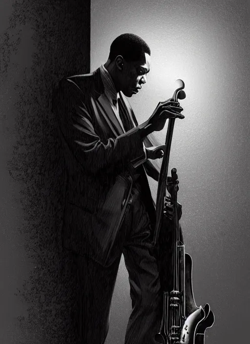 Image similar to john coltrane meeting mingus in a dark corner, intricate, elegant, highly detailed, digital painting, artstation, concept art, smooth, sharp focus, illustration, art by wlop, mars ravelo and greg rutkowski