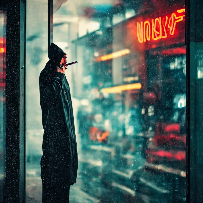 Prompt: a hooded cyborg holding a smoking cigarette outside of a windowed storefront, neon lights reflecting, pouring rain, high contrast, faded colors, depth of field, detailed 8k sci-fi portrait