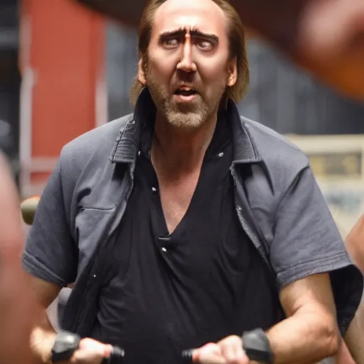 Image similar to nic cage covered in sweat while lifting an elephant