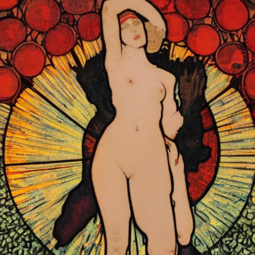 Prompt: a masterpiece painting by mucha exposed at the louvre : black cat taking the sun in a poppy field with a red sunset in the background