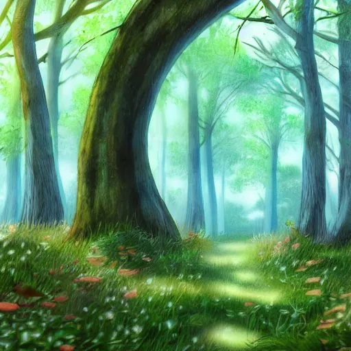 Prompt: anime forest woods moody background