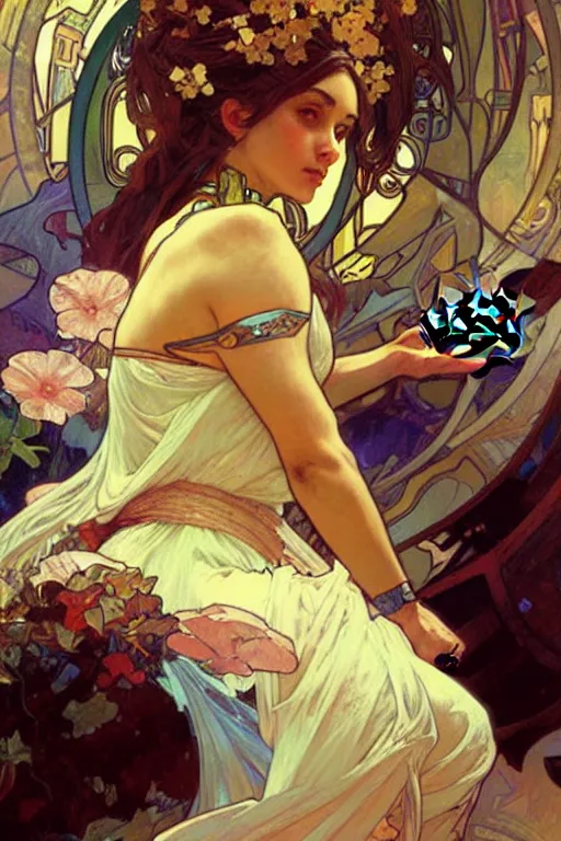 Prompt: A goddess playing video game, fantasy, painting by greg rutkowski and alphonse mucha