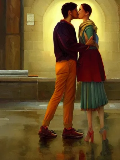 Image similar to masterpiece painting by salman toor, of a solo individual portrait of a guy and a girl kissing, cinematic light, renaissance, atmospheric effects, artstation