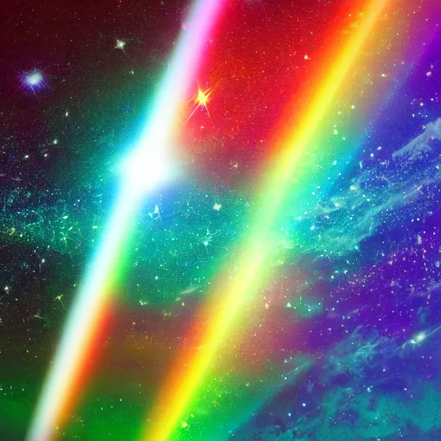 Image similar to glowing rainbow beam of light in space, vintage