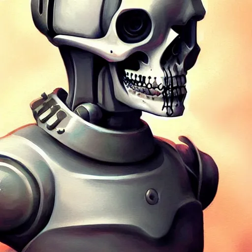 Image similar to skull - headed robot cyborg painting, illutstration, concept art, cyberpunk, futurism, comics art, artgerm, full body shot