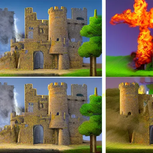 Image similar to Before and after picture of a castle currently under siege, fantasy, hyper realism, 8k resolution, flames, war, death