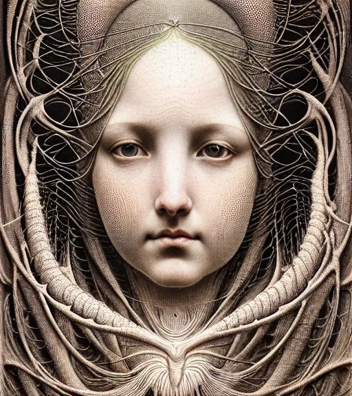 Image similar to detailed realistic beautiful light goddess face portrait by jean delville, gustave dore, iris van herpen and marco mazzoni, art forms of nature by ernst haeckel, art nouveau, symbolist, visionary, gothic, neo - gothic, pre - raphaelite, fractal lace, intricate alien botanicals, ai biodiversity, surreality, hyperdetailed ultrasharp octane render