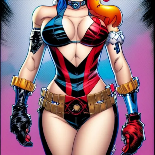 Image similar to Harley Quinn, comic portrait by J Scott Campbell, intricate details