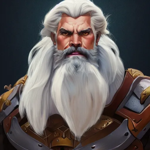 Image similar to high fantasy character portrait of a huge muscular tall giant Reinhardt from Overwatch, long white hair and beard, intricate, wild, highly detailed, digital painting, artstation, upper body, concept art, smooth, sharp focus, illustration, art by artgerm and greg rutkowski and alphonse mucha