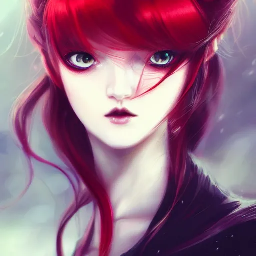 Image similar to facial portrait of a young pretty anime woman, long red hair, dark eyes, gothic eyeliner, character concept art, headshot, Charlie Bowater, Anna Dittmann, WLOP, Rumiko Takahashi, Akihiko Yoshida, Hyung-tae Kim, alexander mcqueen, trending on Artstation