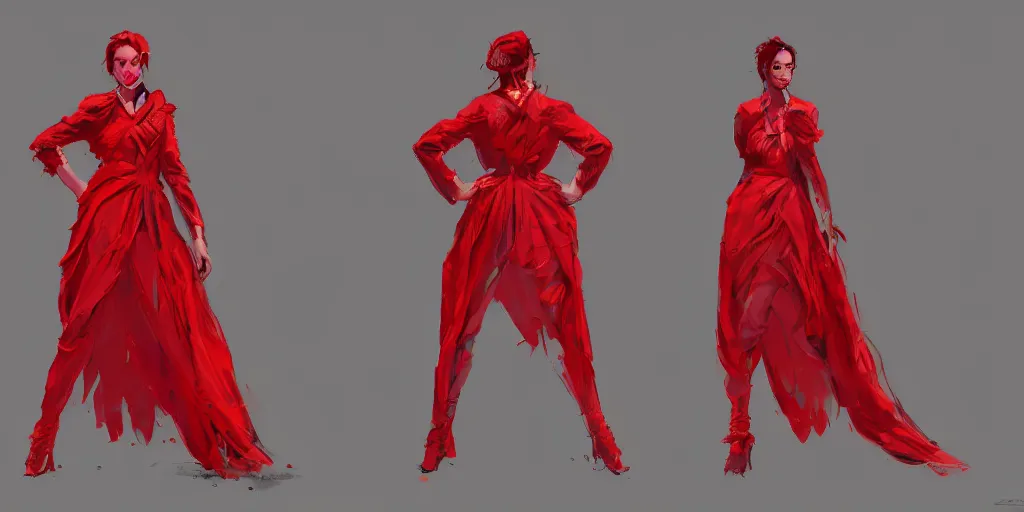 Image similar to lady in red, character sheet, concept design, contrast, kim jung gi, greg rutkowski, zabrocki, karlkka, jayison devadas, trending on artstation, 8 k, ultra wide angle, pincushion lens effect