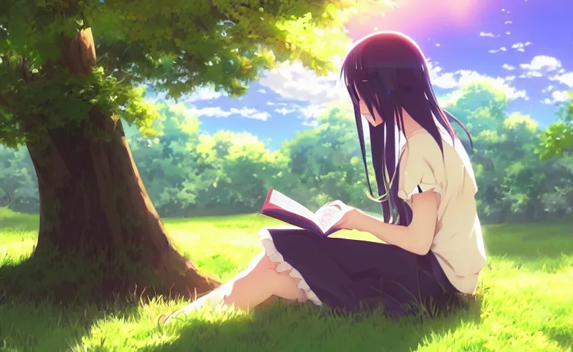Image similar to An anime girl sitting under a tree, reading a book, anime scenery by Makoto Shinkai, digital art
