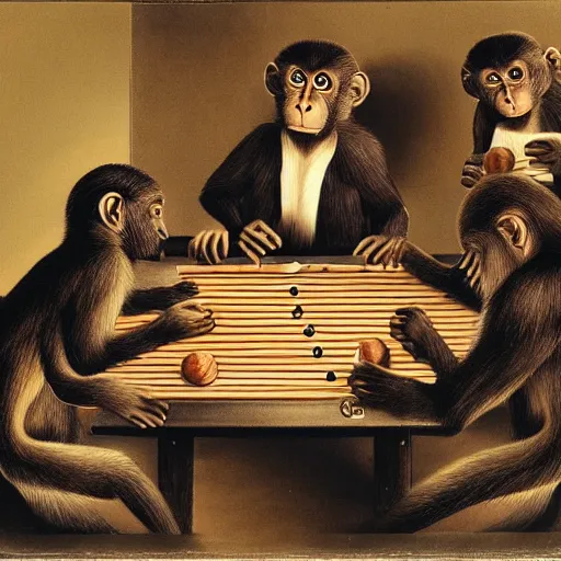 Prompt: A beautiful print of a group of monkeys playing backgammon. The monkeys are seated around a table, with some of them appearing to be deep in concentration while others appear to be playing more casually. by Simon Bisley, by Gabriel Dawe desaturated