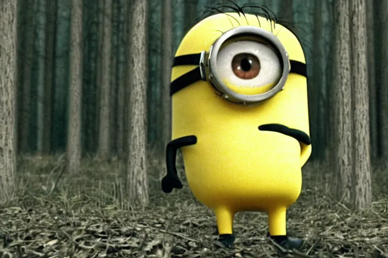 Prompt: a vhs still of a minion in blair - witch project ( 1 9 9 9 ), real life, chromatic abberation, desaturated, noise, cinematic, detailed, move still, ultra realistic face, accurate, 8 k, hd