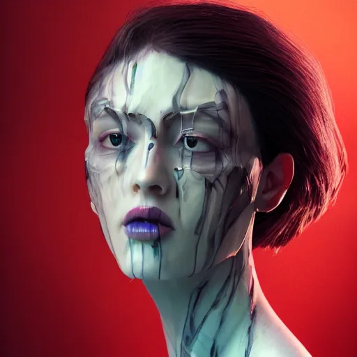 Image similar to woman portrait made out of water color paint, beautiful, cyborg, octane render, tim burton comic book art