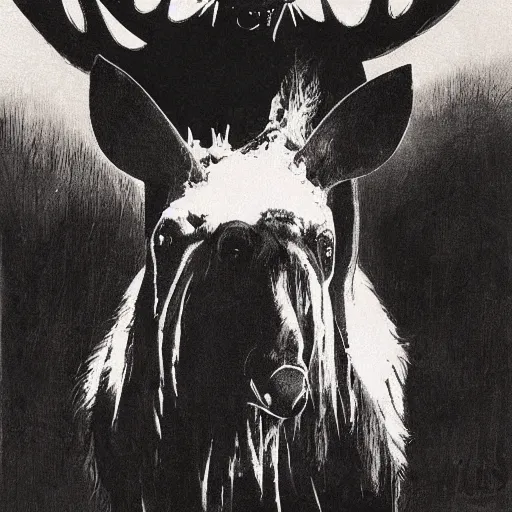 Image similar to portrait of a scary clown riding a moose, by peder balke by peder balke by greg rutkowski, by guido crepax by norman bluhm mystic high contrast monochromatic noir