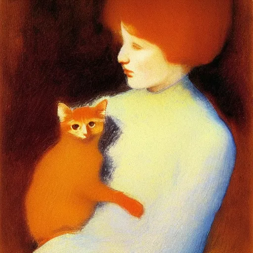 Image similar to a woman with short brown hair and her orange kitten by odilon redon