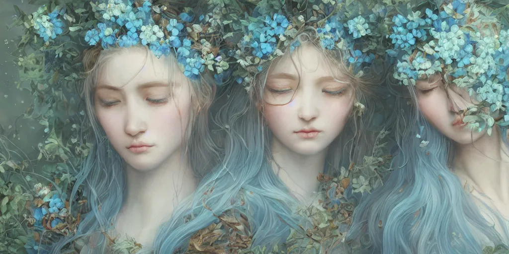 Prompt: breathtaking detailed concept art painting of two hugs goddesses of light blue flowers, carroty hair, orthodox saint, with anxious piercing eyes, ornate background, amalgamation of leaves and flowers, by hsiao - ron cheng, extremely moody lighting, 8 k