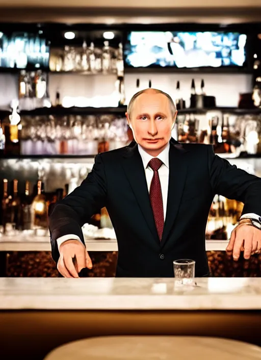 Image similar to a professional photo of person looking like vladimir putin sitting on bar, hand on table, rolex watches, taken in night club, blur background