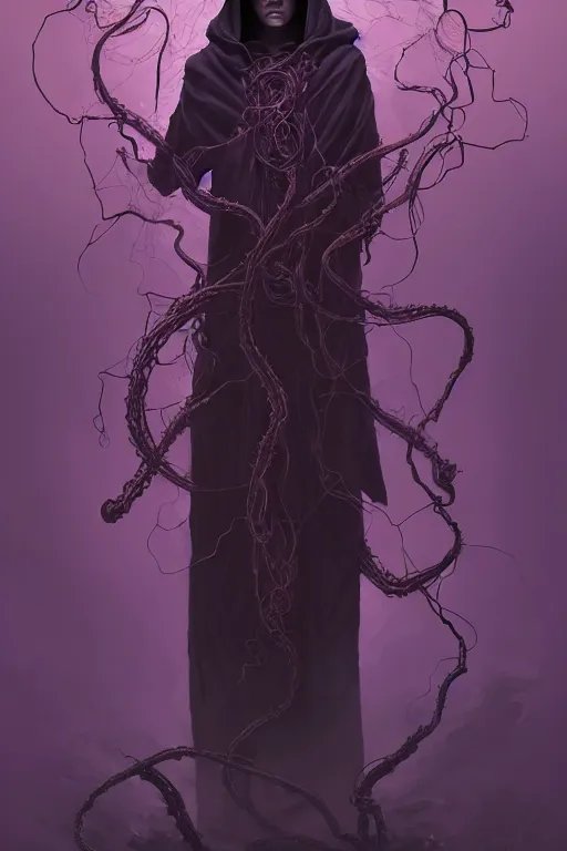 Prompt: A full body portrait of a mysterious shaman (male) with no face with a very long hooded dark purple cloak tentacles and vines coming out the ground art by Maciej Kuciara and Jason Chan, ominous, cosmic horror, trending on artstation, Ultra detailed, hyper realistic 4k