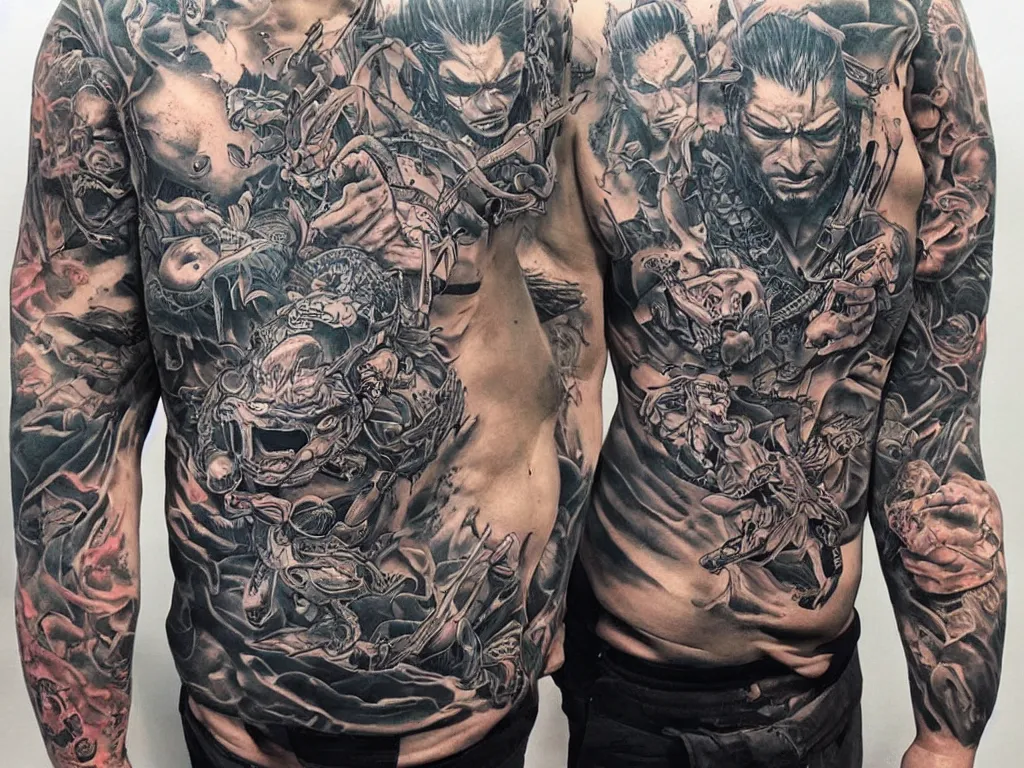 Image similar to Dan mumford designs of yakuza tattoos, by artgerm, greg rutkowski, dan mumford