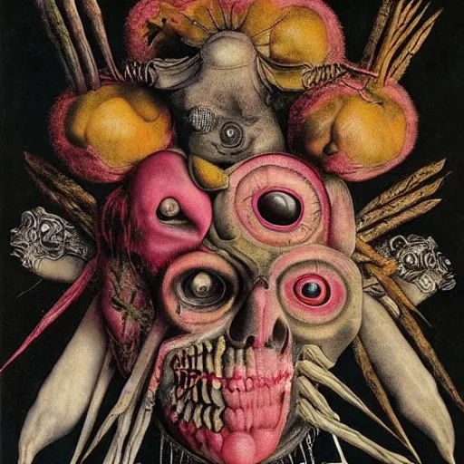 Image similar to post - punk new age album cover, magic, apocalypse, psychedelic, psychonaut, black white pink, magic, giger h. r., giuseppe arcimboldo