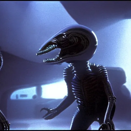 Image similar to movie still, 1 9 8 0 s, alien creatures, hyperdetailed, by ridley scott and john carpenter, blue leds