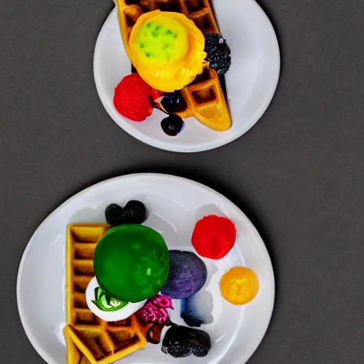 Image similar to a promo photo of a michelin star dish, deconstructed waffle, minimalist, colorful,