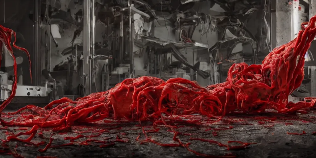 Prompt: a blood-oozing amorphous red blob composed of muscle, bones, and writhing tendrils made of muscles and tendons absorbing a partially-melted animal in a dark derelict lab with broken glassware, cinematic 8K HDR