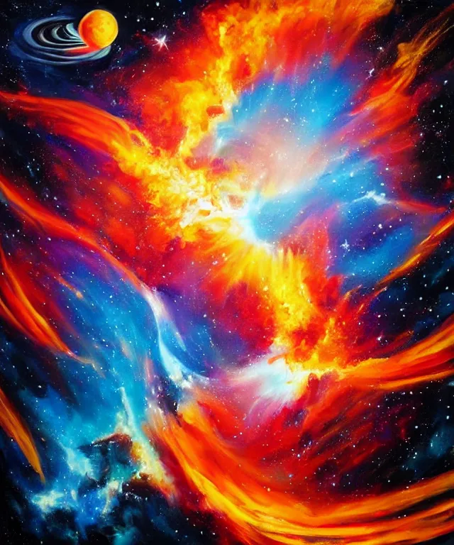 Image similar to blackhole sun, space, professional painting, bright colors, phoenix flames, nebula clouds