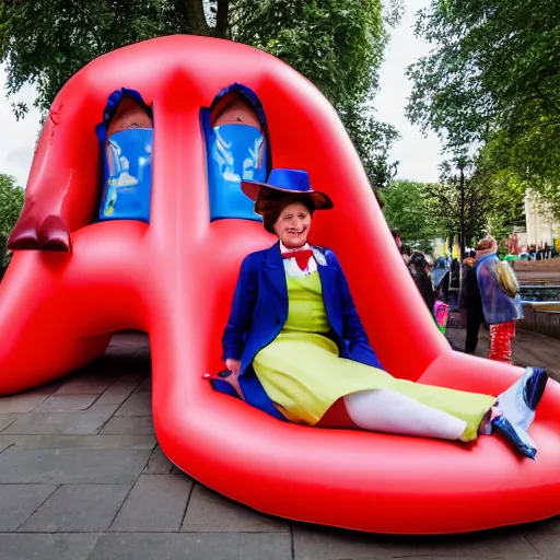 Prompt: Mary Poppins sitting on an inflatable hotdog outside Coventry cathedral