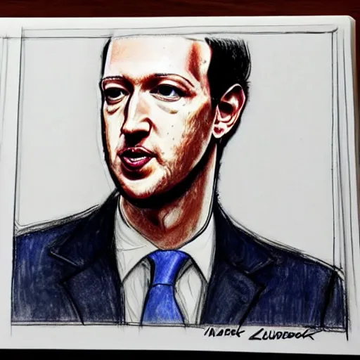 Image similar to courtroom sketch of mark zuckerburg being found guilty of crimes against humanity, courtroom sketch, pencil sketch
