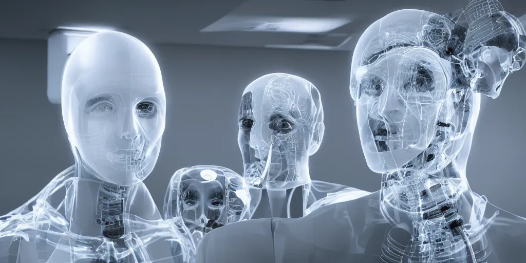 Prompt: an x ray of face transplant in an operating room with robotic surgeons , photorealistic,by Wlop,4k resolution