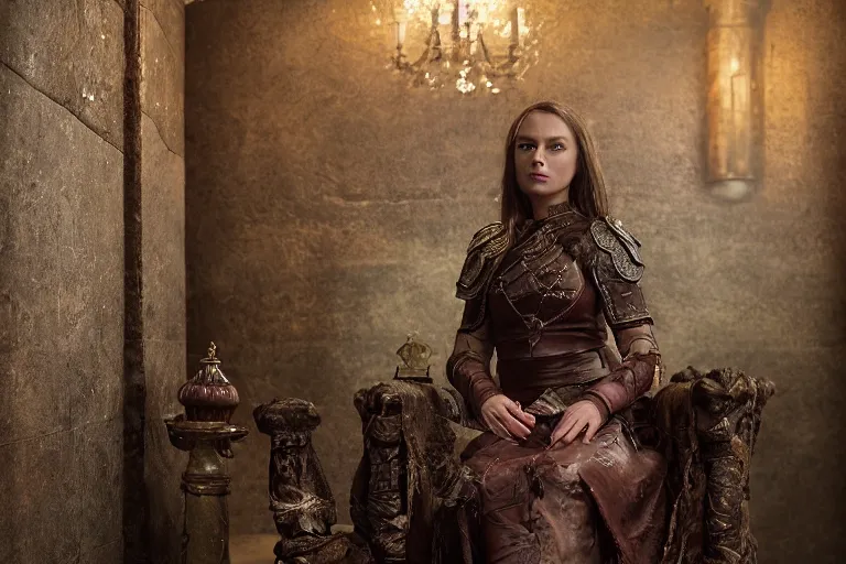 Image similar to the elder scrolls vi, charismatic regal brunette female jarl, portrait, rustic throne room, atmospheric lighting, painted, intricate, volumetric lighting, beautiful, daytime,, slight overcast weather, 4 0 0 0 k, sharp focus, deep colours, ultra detailed, by leesha hannigan, ross tran, thierry doizon, kai carpenter, ignacio fernandez rios