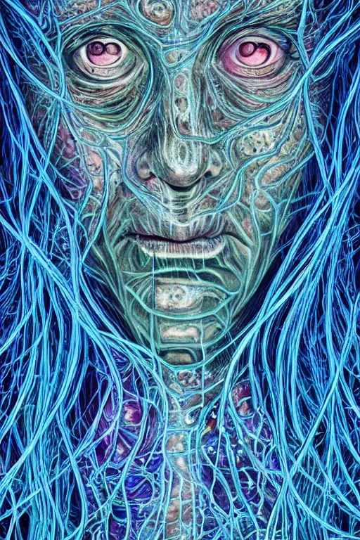 Prompt: dark underwater portrait of one bioluminescent old woman, with cracked reaction diffusion semi - transparent skin. multicolored fish scales, face closeup. long intricate dark hair. good face proportions. with many jellyfishes. very high detail, illustration, by alex grey and ilya kuvshinov