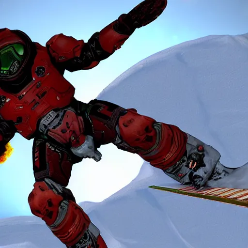 Prompt: Doom Slayer on skis mid jump