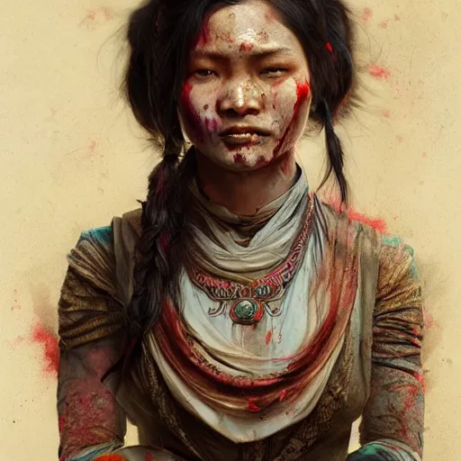 Image similar to portrait painting of a bloodied nepali female butcher, ultra realistic, concept art, intricate details, eerie, highly detailed, photorealistic, octane render, 8 k, unreal engine. art by artgerm and greg rutkowski and alphonse mucha