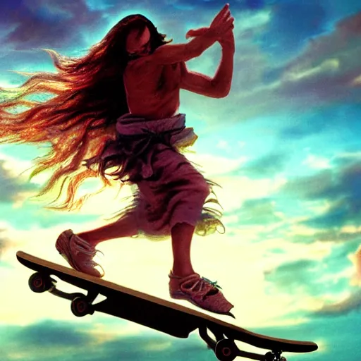 Image similar to UHD photo of a Jesus skateboarding , stoner rock, extremely detailed, 8k, cinematic lighting, in the style of Amano and Ayami Kojima, with vivid colors and rich composition