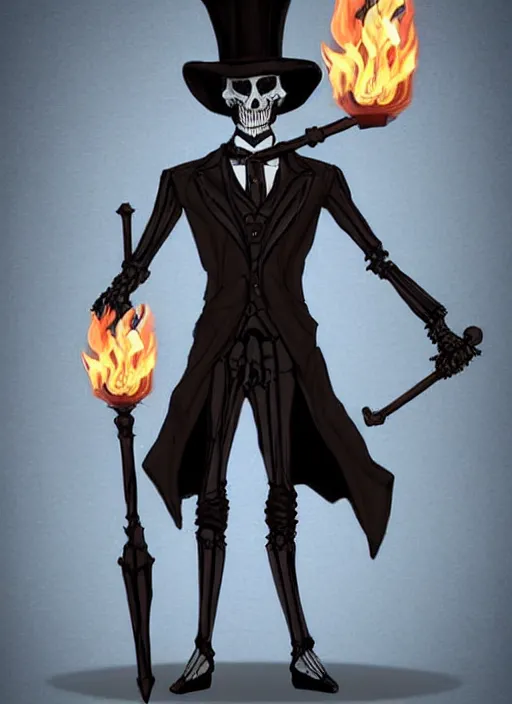 Image similar to DND character concept, skeletal male figure, wearing a deep black suit!!! and tie and top hat, holding a gold! cane!. Surrounded by light blue!!! flames!!