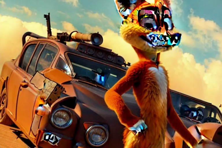 Image similar to nick wilde ( from zootopia ), heavily armed and armored facing down armageddon in a dark and gritty reboot from the makers of mad max : fury road : witness me