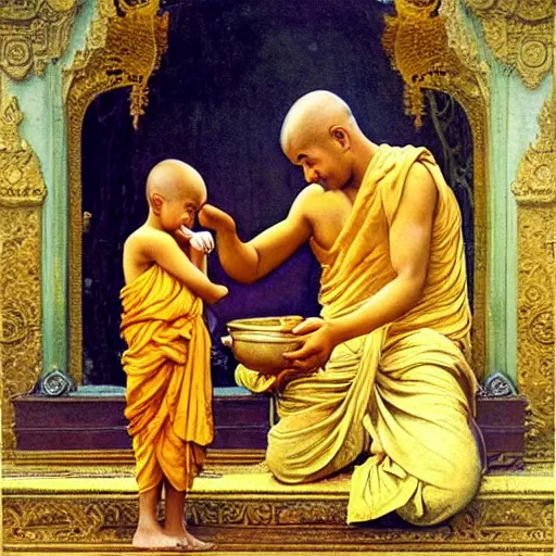 Image similar to old srilankan buddhist monk pouring liquid gold into buddhist monk kid head baroque style, painting by gaston bussiere, craig mullins, j. c. leyendecker, lights, art by ernst haeckel, john william godward, hammershøi,