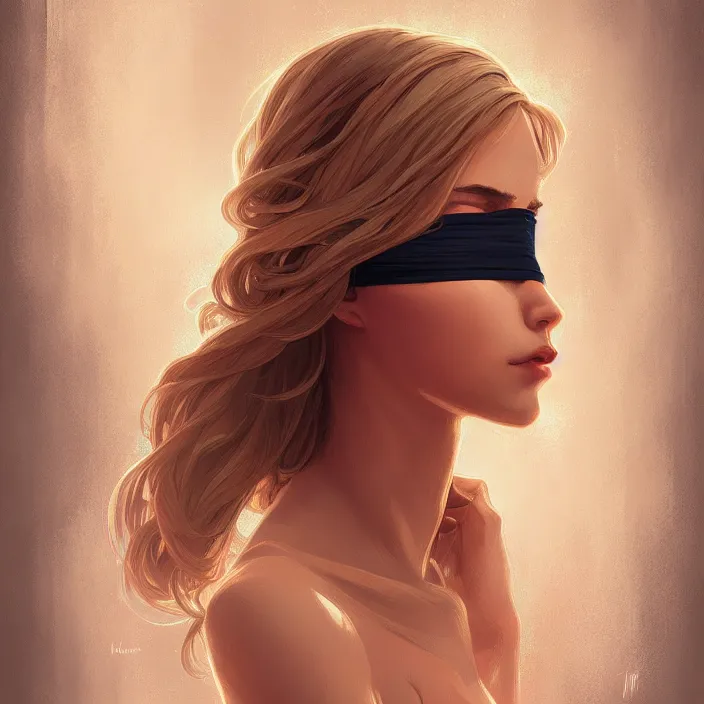 Image similar to blindfold handsome young women with shoulder length blonde hair, symmetrical, half body shot, path traced, highly detailed, high quality, digital painting, alena aenami, lilia alvarado, shinji aramaki, karol bak, alphonse mucha, tom bagshaw