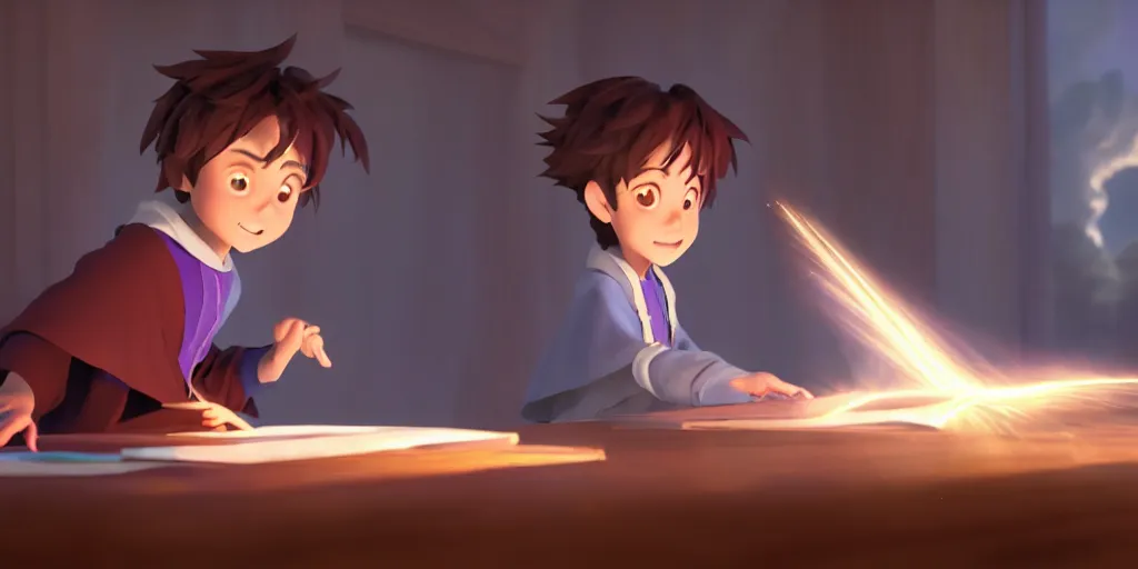 Image similar to a young boy mage with a brown cloak is standing at his desk working on a new spell, colorful, flowing energy, light rays, anime boy, boy, medium shot, waist up, pixar and disney animation, sharp, rendered in unreal engine 5, by greg rutkowski and makoto shinkai, bloom, dramatic lighting, cinematic